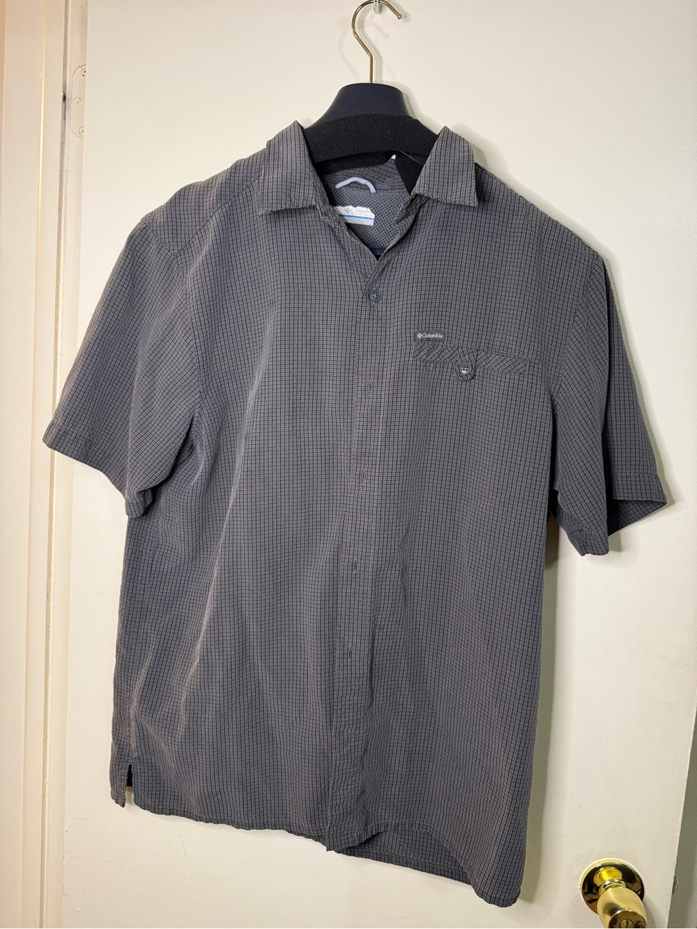 Columbia Mens Large Grey Grid Check Short Sleeve Vented Hiking Trail Shirt